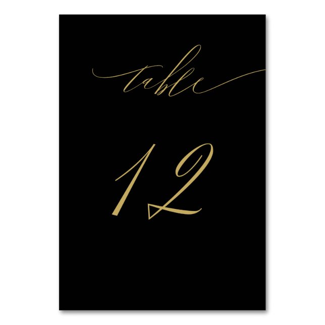 Minimalist Black Gold Elegant Script No 12 Wedding Table Number (Front)
