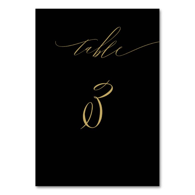 Minimalist Black Gold Elegant Script No 3 Wedding Table Number (Front)