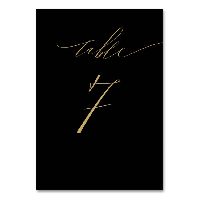 Minimalist Black Gold Elegant Script No 7 Wedding Table Number (Front)