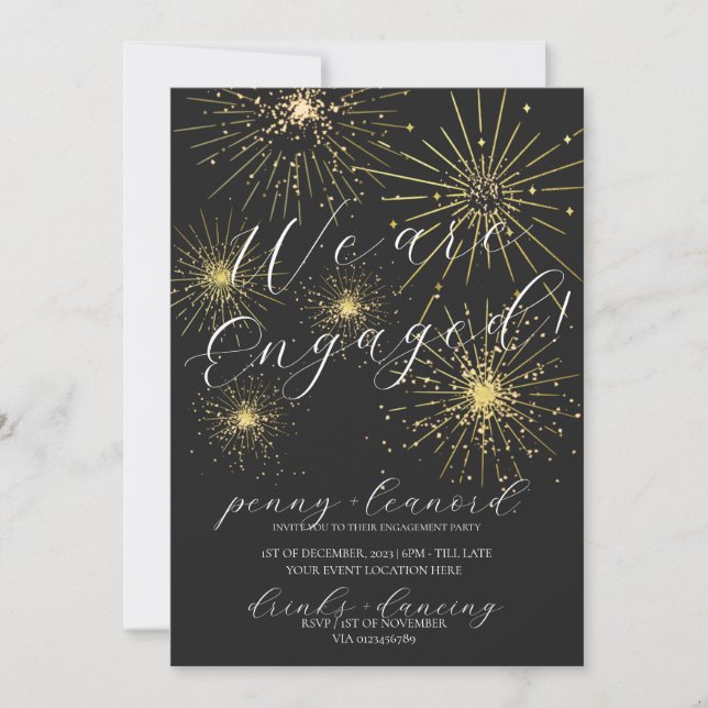 Minimalist Black Gold Fireworks Engagement Party  Invitation (Front)