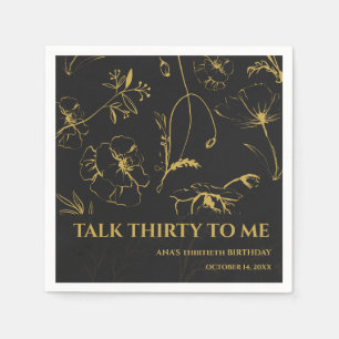 Minimalist Black / Gold Floral 30th Birthday Paper Napkin