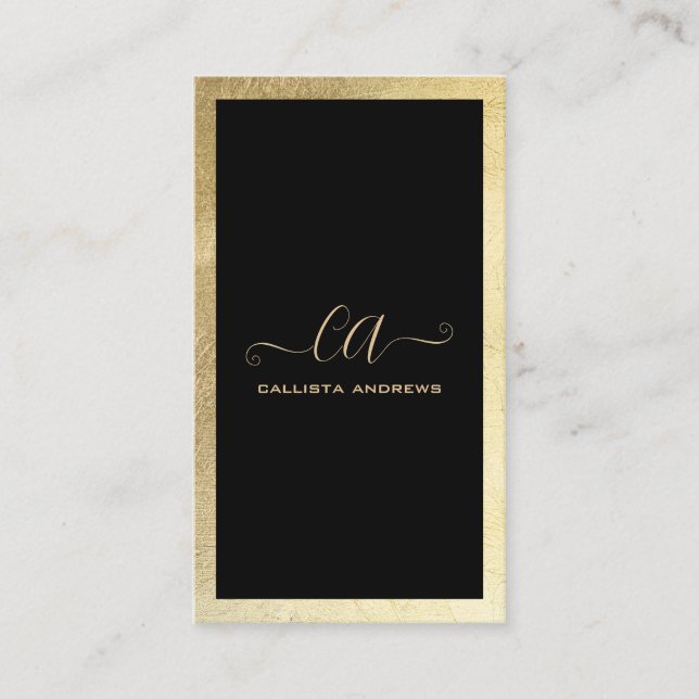 Minimalist Black Gold Foil Border Monogram Business Card (Front)