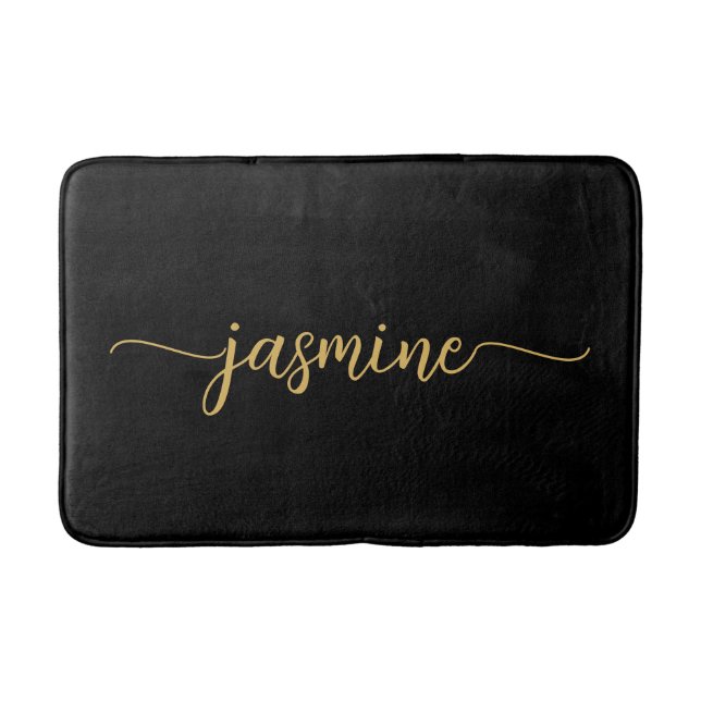 Minimalist Black Gold Girly Monogram Name Script Bath Mat (Front)