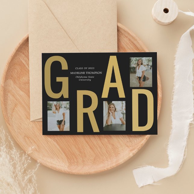 Minimalist Black Gold Grad Photo Graduation Announcement (Creator Uploaded)