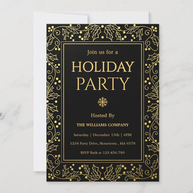 Minimalist Black & Gold Holiday Gathering Invitation (Front)