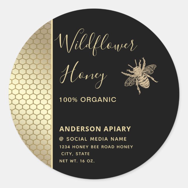Minimalist black gold honey comb honey bee classic round sticker (Front)