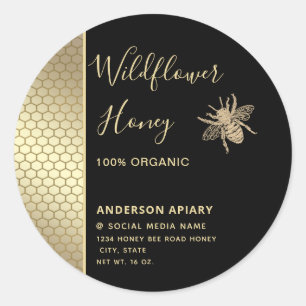 Minimalist black gold honey comb honey bee classic round sticker