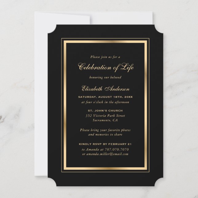 Minimalist Black Gold Photo Celebration of Life Invitation (Front)