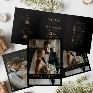 Minimalist Black Gold Photo QR Code RSVP wedding  Tri-Fold Invitation