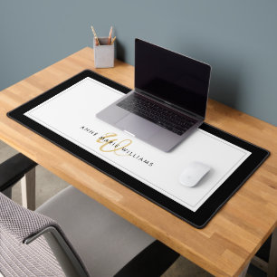 Minimalist Black Gold Script Two Border Monogram Desk Mat