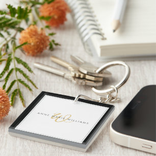 Minimalist Black Gold Script Two Border Monogram Key Ring