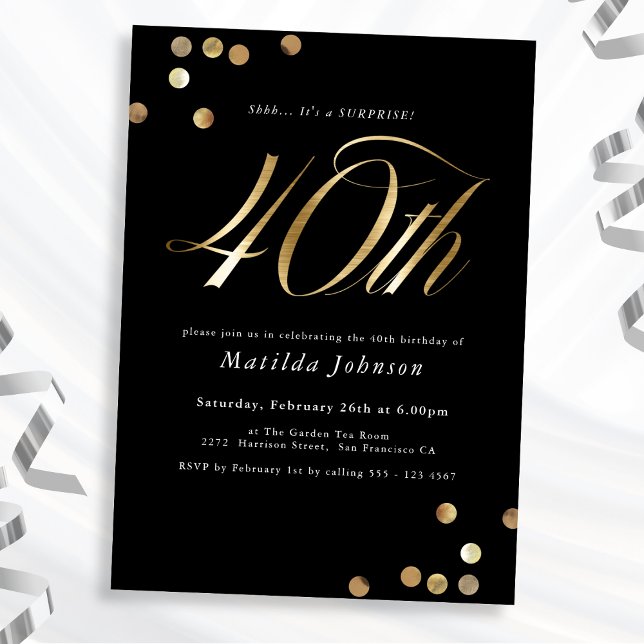 Minimalist Black Gold Surprise 40th Birthday Party Invitation (Mockup View)