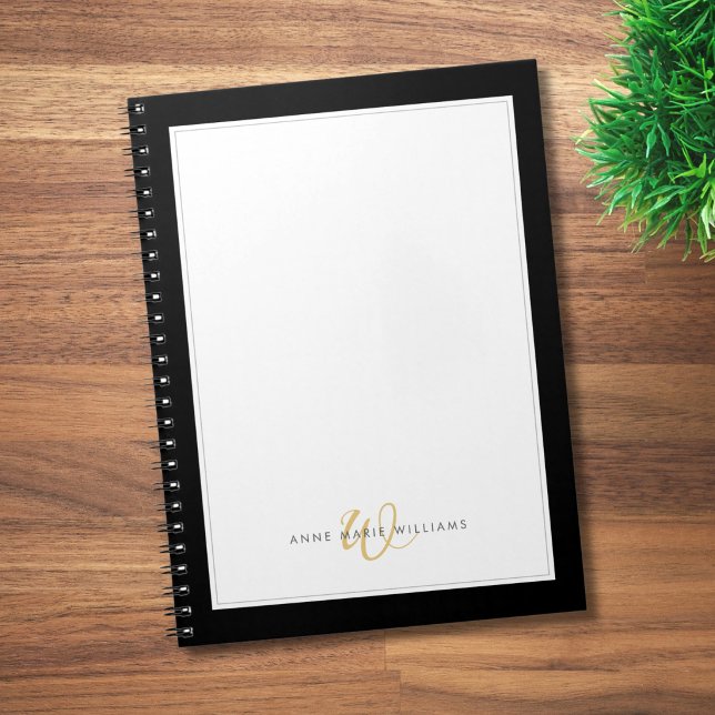 Minimalist Black Gold Two Border Monogram  Notebook (Creator Uploaded)