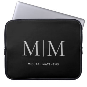 Minimalist Black Grey Masculine Monogram Name Laptop Sleeve