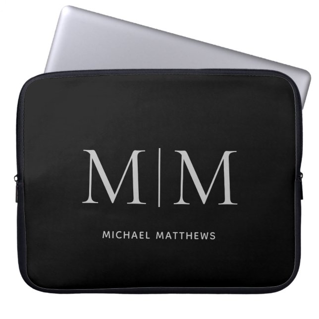 Minimalist Black Grey Masculine Monogram Name Laptop Sleeve (Front)