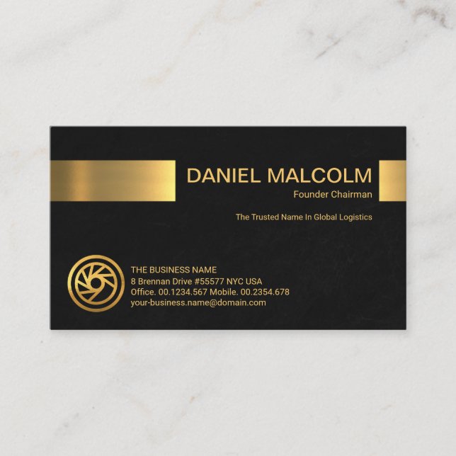 Minimalist Black Grunge Gold Stripe Store Owner Business Card (Front)