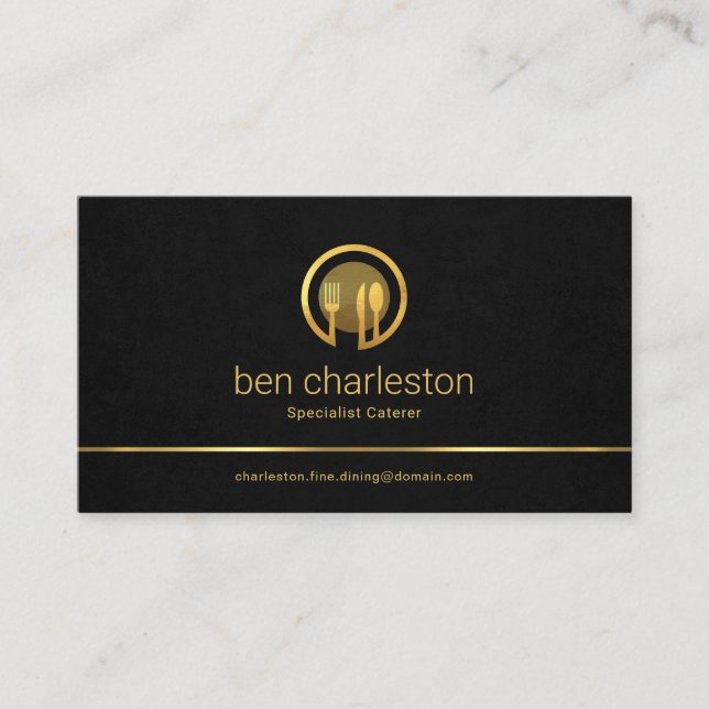 Minimalist Black Grunge Texture Gold Line, Food Business Card (Front)