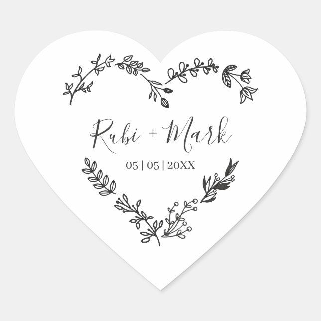 Minimalist Black Heart with Wildflowers & Branches Heart Sticker (Front)