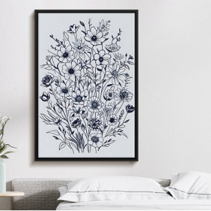Minimalist black ink flower bouquet art poster no6