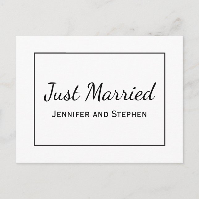 Minimalist Black Just Married Wedding Announcement Postcard (Front)