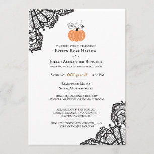 Minimalist Black Lace Pumpkin Halloween Wedding Invitation