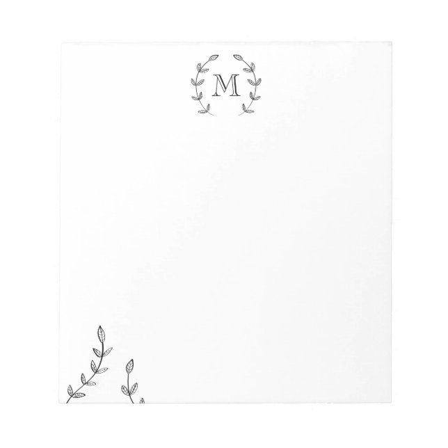 Minimalist Black Laurel Wreath And Custom Monogram Notepad (Front)