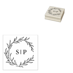 Minimalist Black Leaf Modern Wedding Initials Rubber Stamp