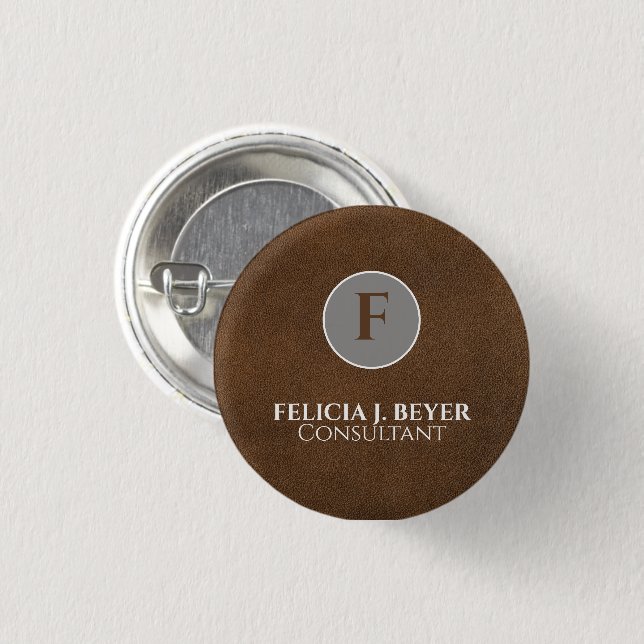 Minimalist Black Leather Custom Name Button Badge (Front & Back)