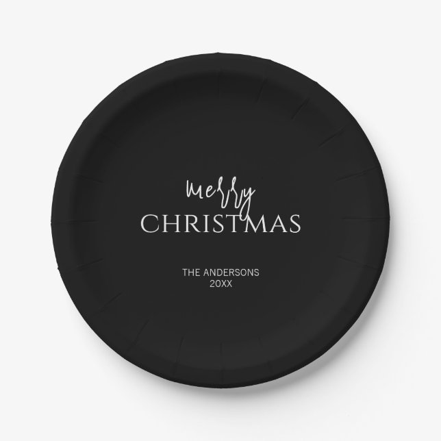 Minimalist Black Merry Christmas Holiday Paper Plate (Front)