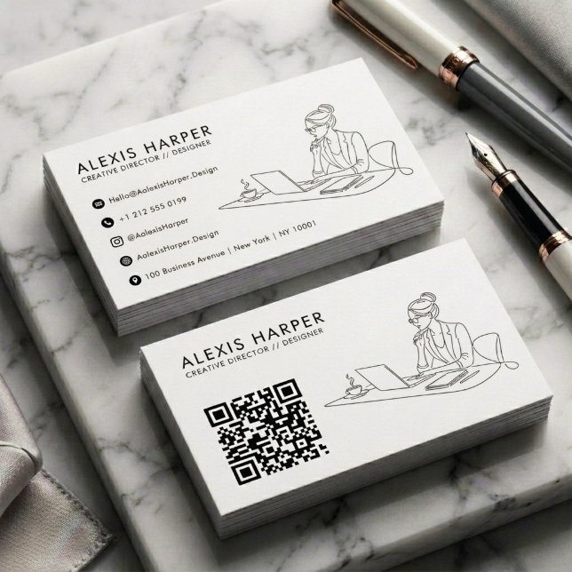 Minimalist Black Modern Line Art Woman QR Code Business Card (Chic Line Art QR Code Business Card Design)