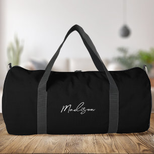 Minimalist Black Modern Script Monogram Duffle Bag