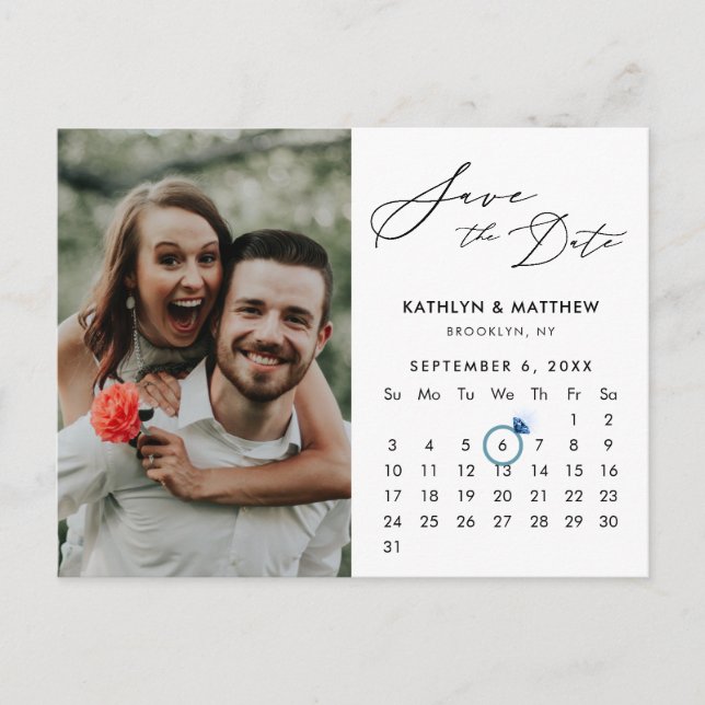 Minimalist Black Modern Script Photo Save the Date Announcement Postcard (Front)
