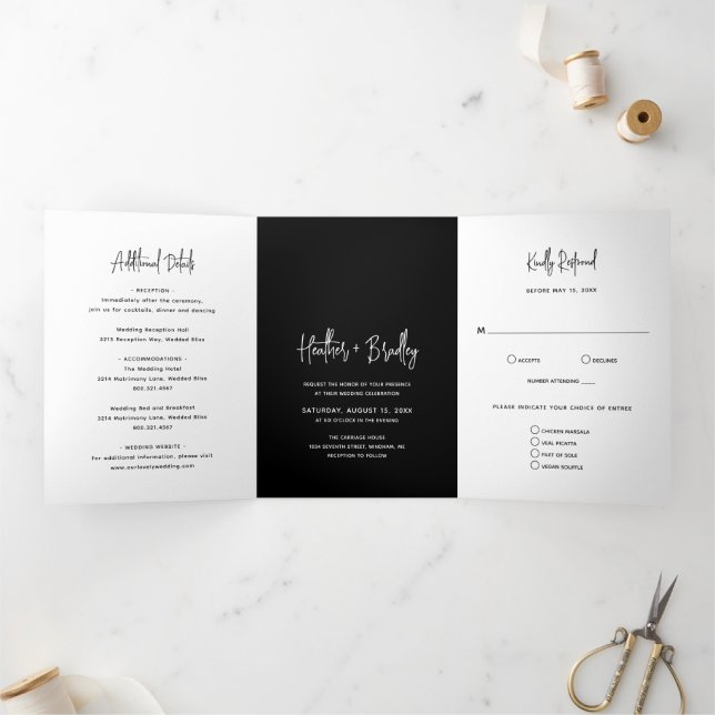 Minimalist Black Modern Wedding Tri-Fold Invitation (Inside)