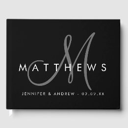 Minimalist Black Modern with Grey Monogram Wedding Guest Book