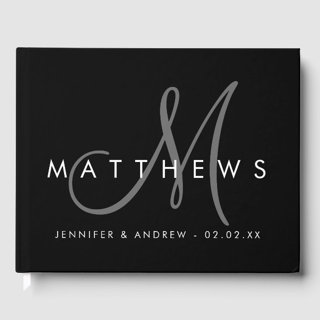 Minimalist Black Modern with Grey Monogram Wedding Guest Book (Front)