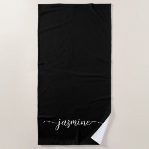 Minimalist Black Monogram Name Huge Script Beach Towel