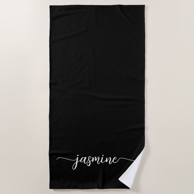 Minimalist Black Monogram Name Huge Script Beach Towel (Front)