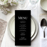 Minimalist Black Monogram Wedding Menu Card<br><div class="desc">Embrace refined elegance with our Minimalist Black Monogram Wedding Menu Card. Against a striking black backdrop,  sleek white typography adorns the card,  presenting your menu in a sophisticated and chic style. This design epitomises minimalism,  offering a touch of timeless allure to your wedding dining experience.</div>