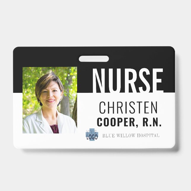 Minimalist Black Nurse RN Hospital Photo ID Badge (Front)