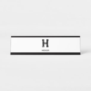 MINIMALIST BLACK ONE LETTER MONOGRAM NAME WHITE DESK NAME PLATE