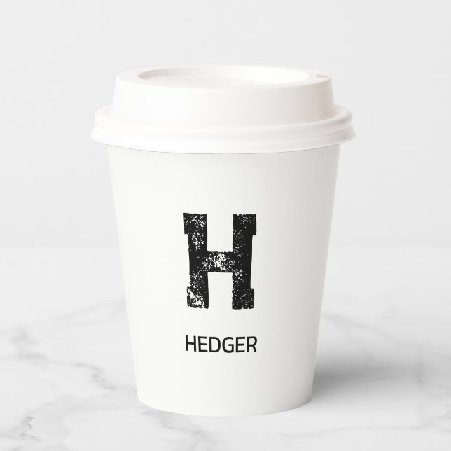 MINIMALIST BLACK ONE LETTER MONOGRAM NAME WHITE PAPER CUPS (Front)