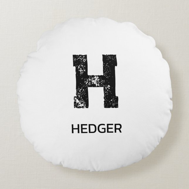 MINIMALIST BLACK ONE LETTER MONOGRAM NAME WHITE ROUND CUSHION (Front)