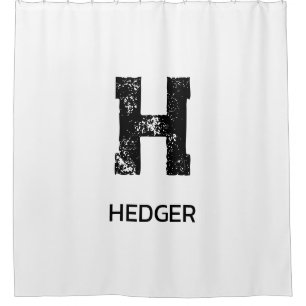 MINIMALIST BLACK ONE LETTER MONOGRAM NAME WHITE SHOWER CURTAIN