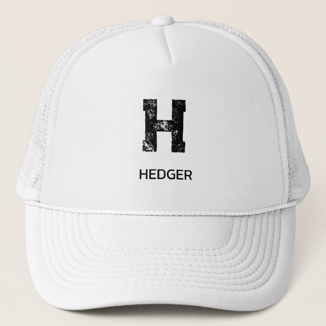 MINIMALIST BLACK ONE LETTER MONOGRAM NAME WHITE TRUCKER HAT (Front)
