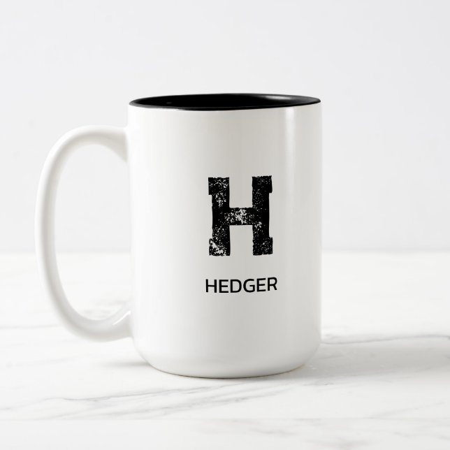 MINIMALIST BLACK ONE LETTER MONOGRAM NAME WHITE Two-Tone COFFEE MUG (Left)