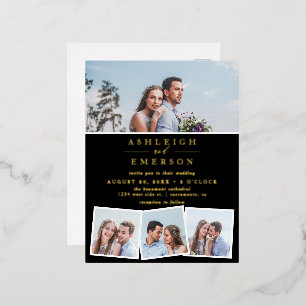 Minimalist Black Photo Collage Wedding Foil Invitation Postcard