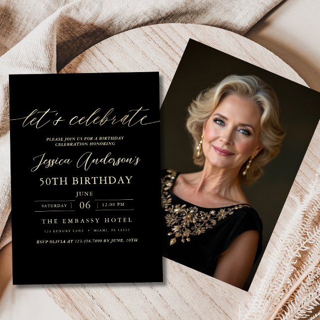 Minimalist Black Photo Gold 50th Birthday Invitation (Creator Uploaded)