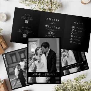 Minimalist black Photo QR Code RSVP wedding Tri-Fold Invitation