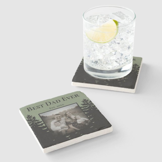 Minimalist black pine tree silhouette personalise  stone coaster (Side)