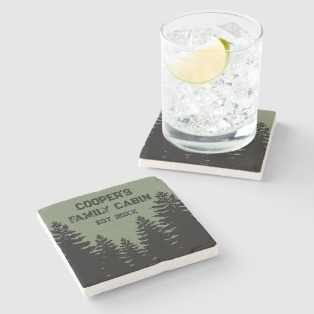 Minimalist black pine tree silhouette     stone coaster (Side)